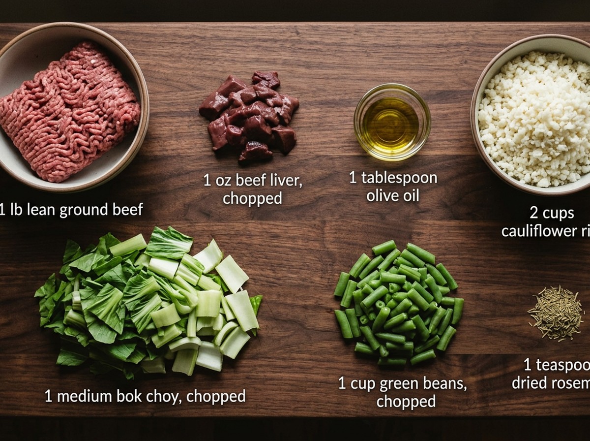 Ingredients for Beef Cauliflower Rice Dog Dinner