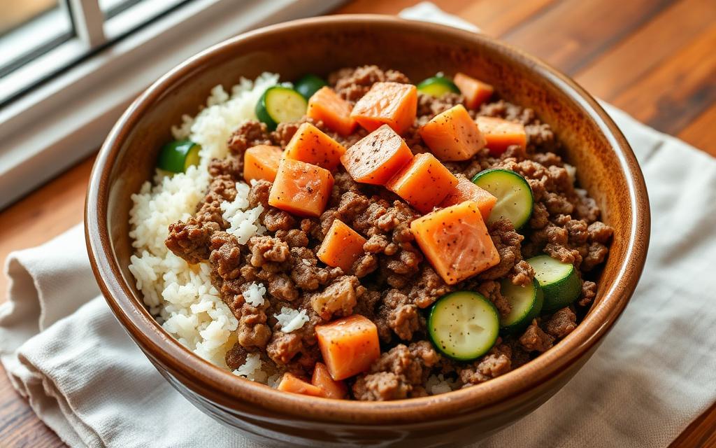 Beef & Salmon Power Bowl, homemade dog recipe