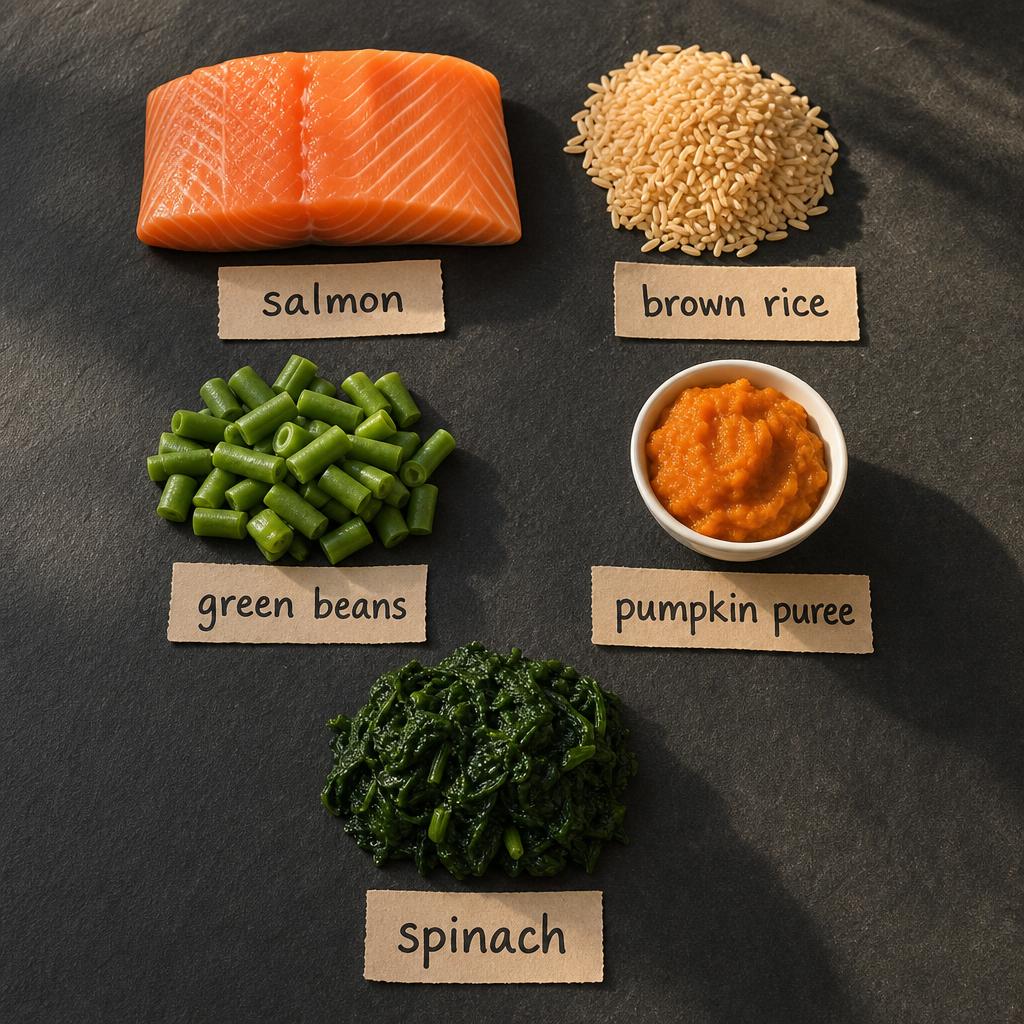 Ingredients for Salmon Dog Food Recipe with Spinach & Pumpkin